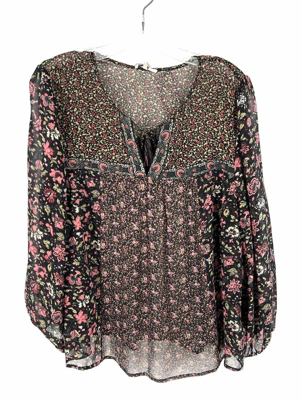 Joie Size M Bk/Pk/Gr Floral Blocked Designer Top-Long Sleeve